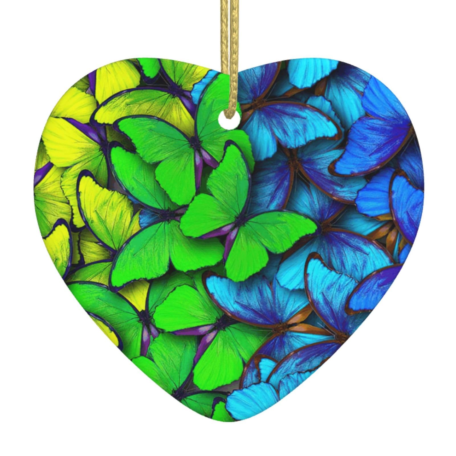 Nbtghga White Colorful Butterfly Print Christmas Ornaments, Ceramic Hanging Ornament, Xmas Tree Decoration, Holiday Home Decor