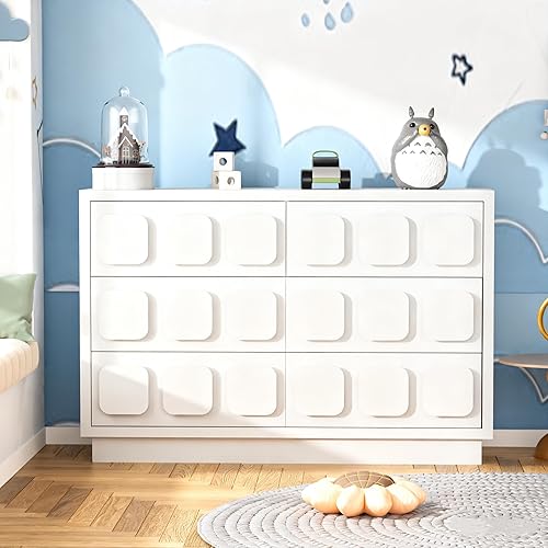 Anbuy Cómoda de bebé blanca para dormitorio, cómoda para bebé con 6 cajones, unidad de almacenamiento y organización con asas cuadradas, para