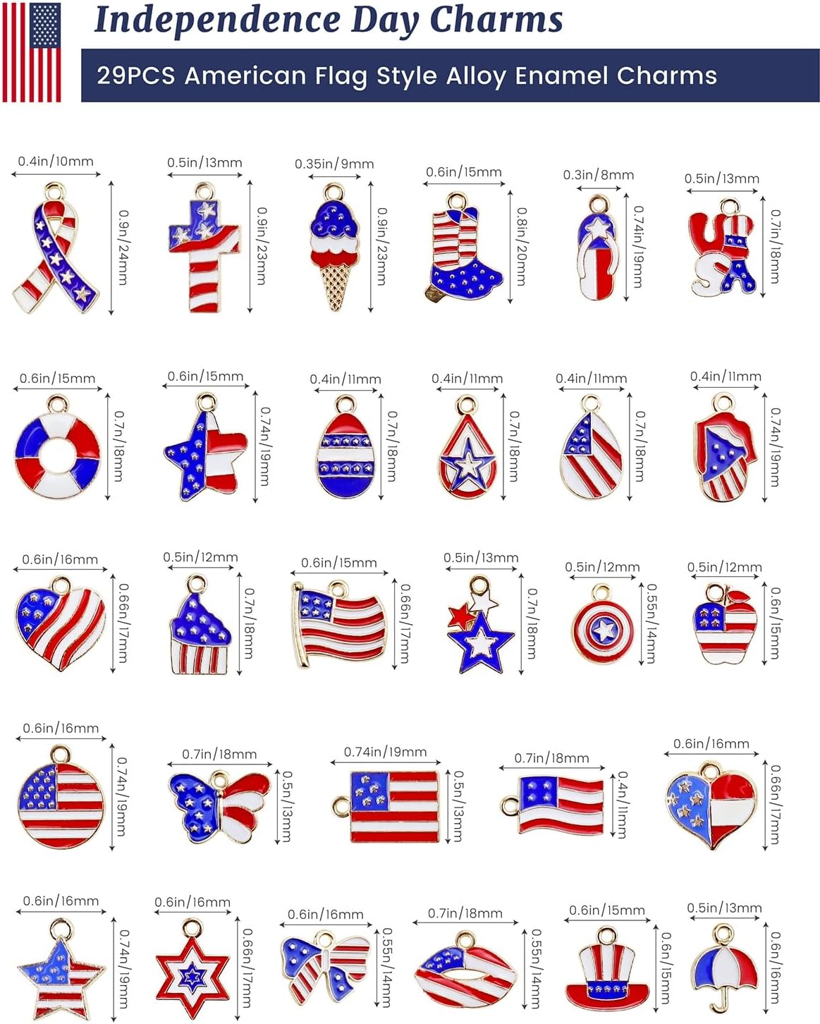 JIALEEY 29PCS Independence Day Charms, Patriotic 4th of July Red White Blue American Flag Charms for Bracelets Necklaces Jewelry Making, 29 Styles