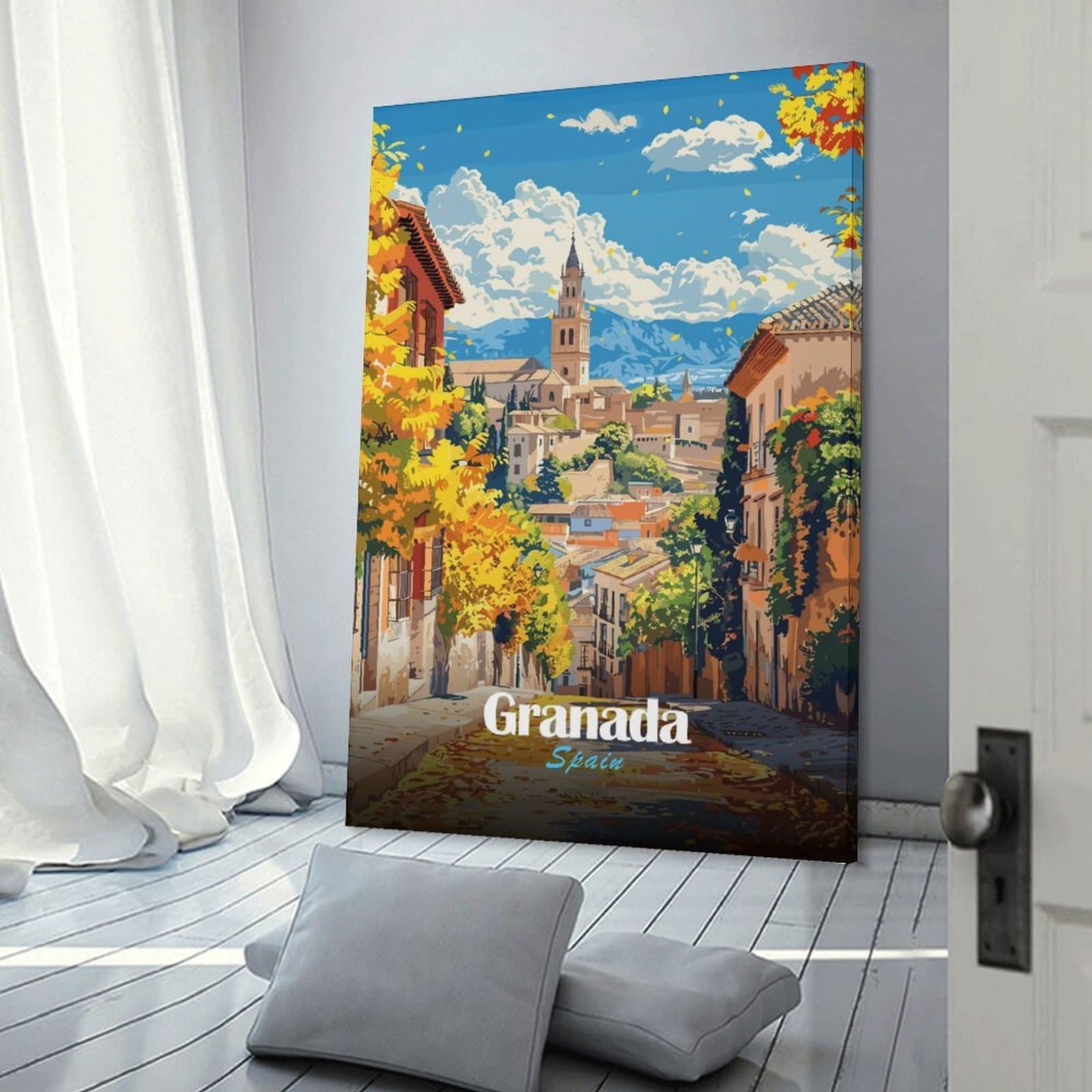 Junmoney Wall Picture Print Granada, Spain, Autumn Cityscape, 24x36inch(60x90cm), for Wall Displays, Bedrooms Or Room Updates, Wall Decor Suited to Curated Displays