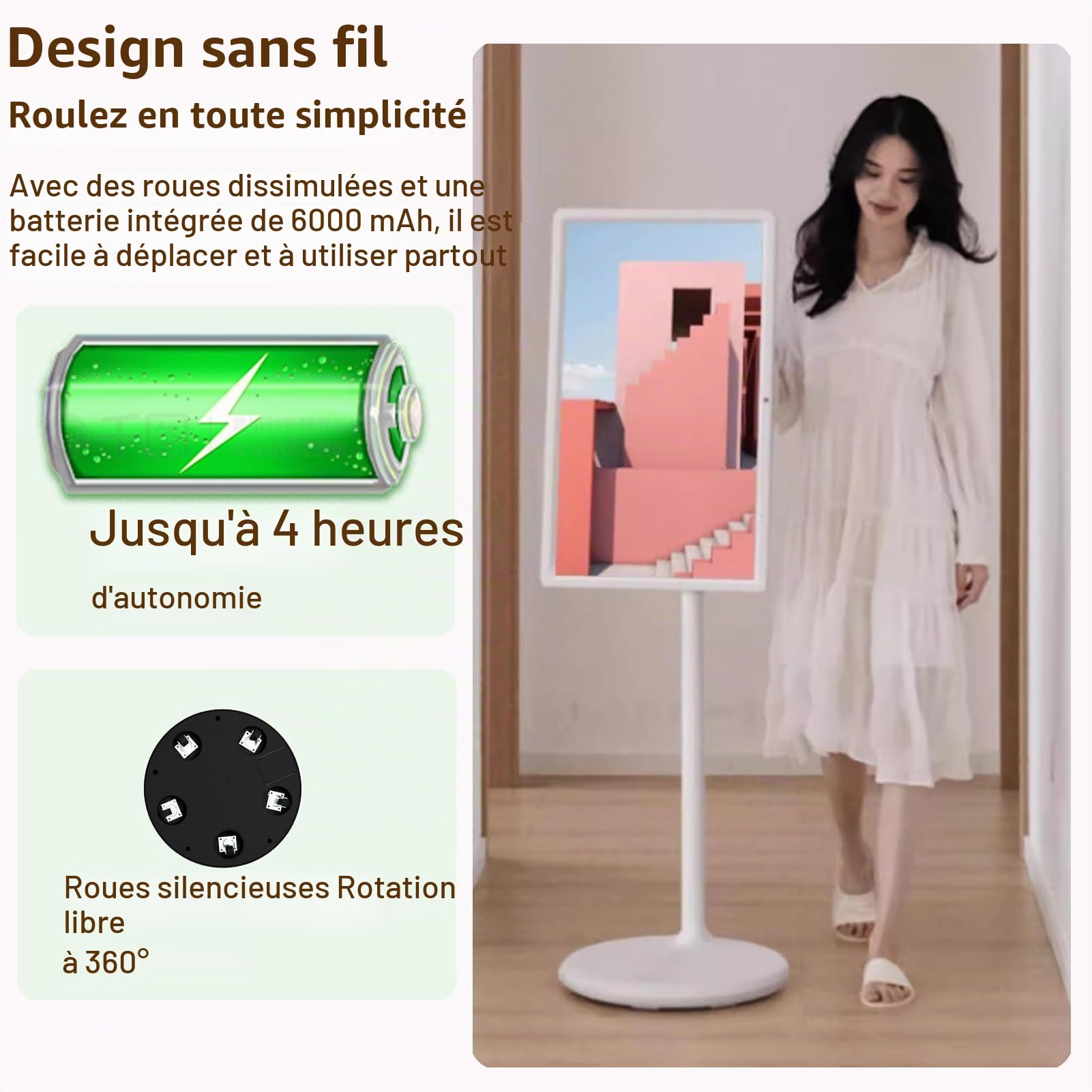 Écran Intelligent Mobile 21.5 Pouces HD sur roulettes, Moniteur Portable, Écran Tactile sans Fil, Android 14, Support Pivotant pour Streaming, Télétravail & Usage Polyvalent White-4+64G