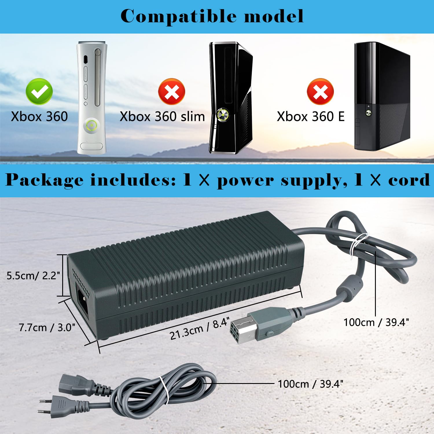 OSTENT 100-240V 203W EU Plug Adaptateur Secteur Câble d'alimentation pour Microsoft Xbox 360 Console