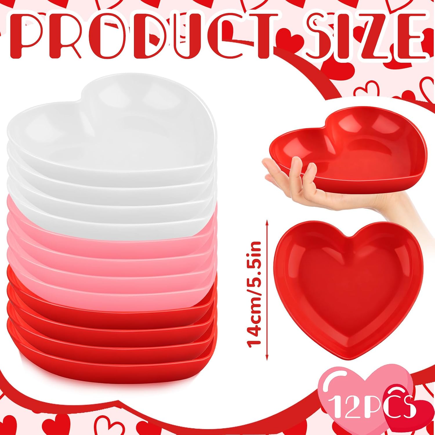 Demonwer 12 Pcs Valentine's Day Heart Bowls 5.5 Inch Heart Plastic Plates Red Pink and White Snack Dessert Dishes for Valentine's Day Party Decorations
