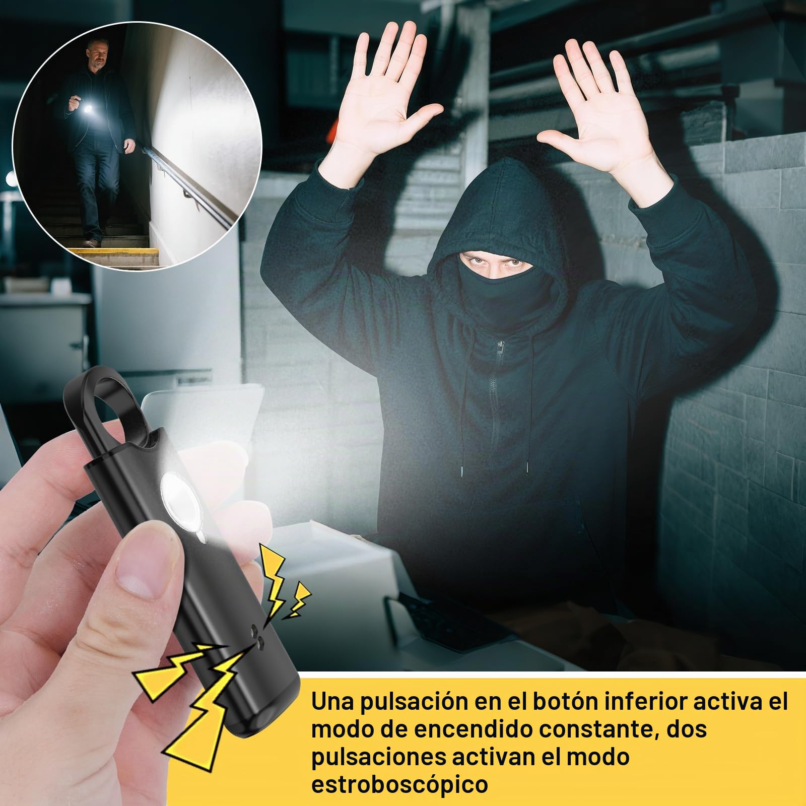 Qoosea Alarma de Seguridad Personal Recargable con Mosquetón - 135dB, Sensor de Vibración, Luz Estroboscópica & Botón de Emergencia para Viajeros de Negocios, Mochileros, Mujeres, Hombres(Negro)