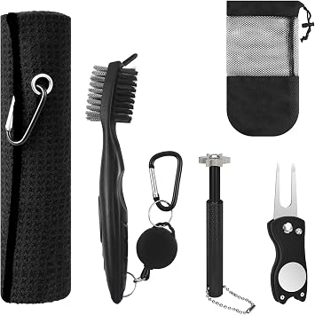 VIPMOON 5Pack Golf Club Cleaner Kit Golf Club Brush with Retractable Aluminum Carabiner, Golf Club Groove Sharpener for U&V-Grooves, Golf Towel, Foldable Divot Repair Tool, Golf Storage Bag