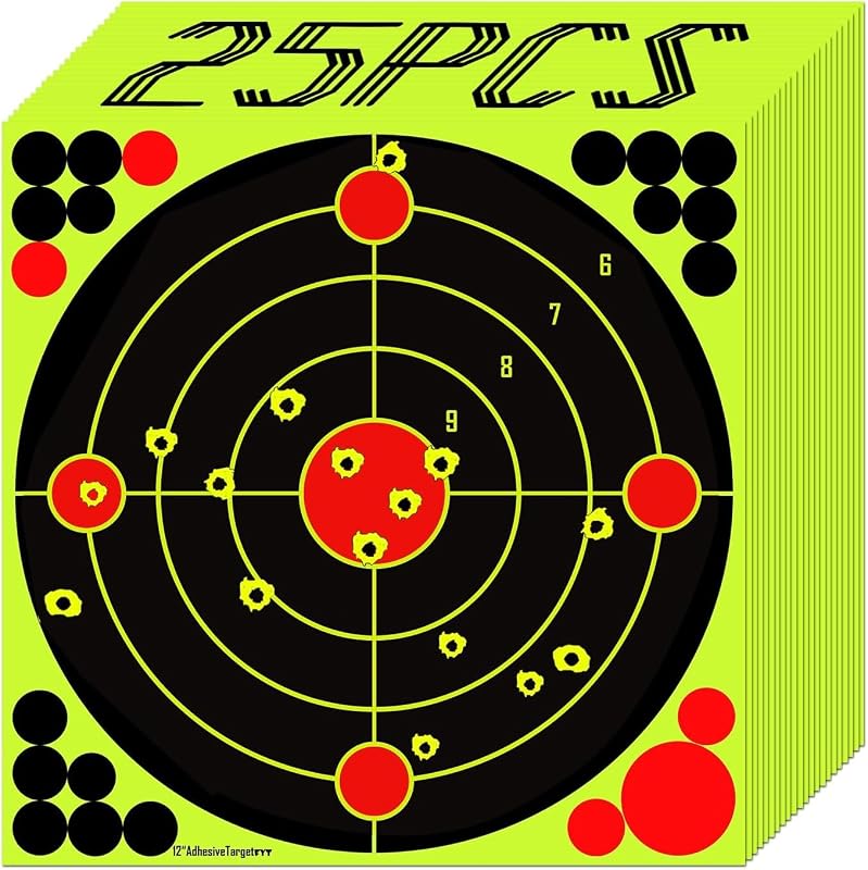 ATFLBOX 12" Fluoreszkáló Sárga Lőlap Csomag - 25 db Öntapadós Céltábla Matrica Pisztolyhoz, Légpuskához, BB és Airsoft Fegyverekhez - 21 Jav
