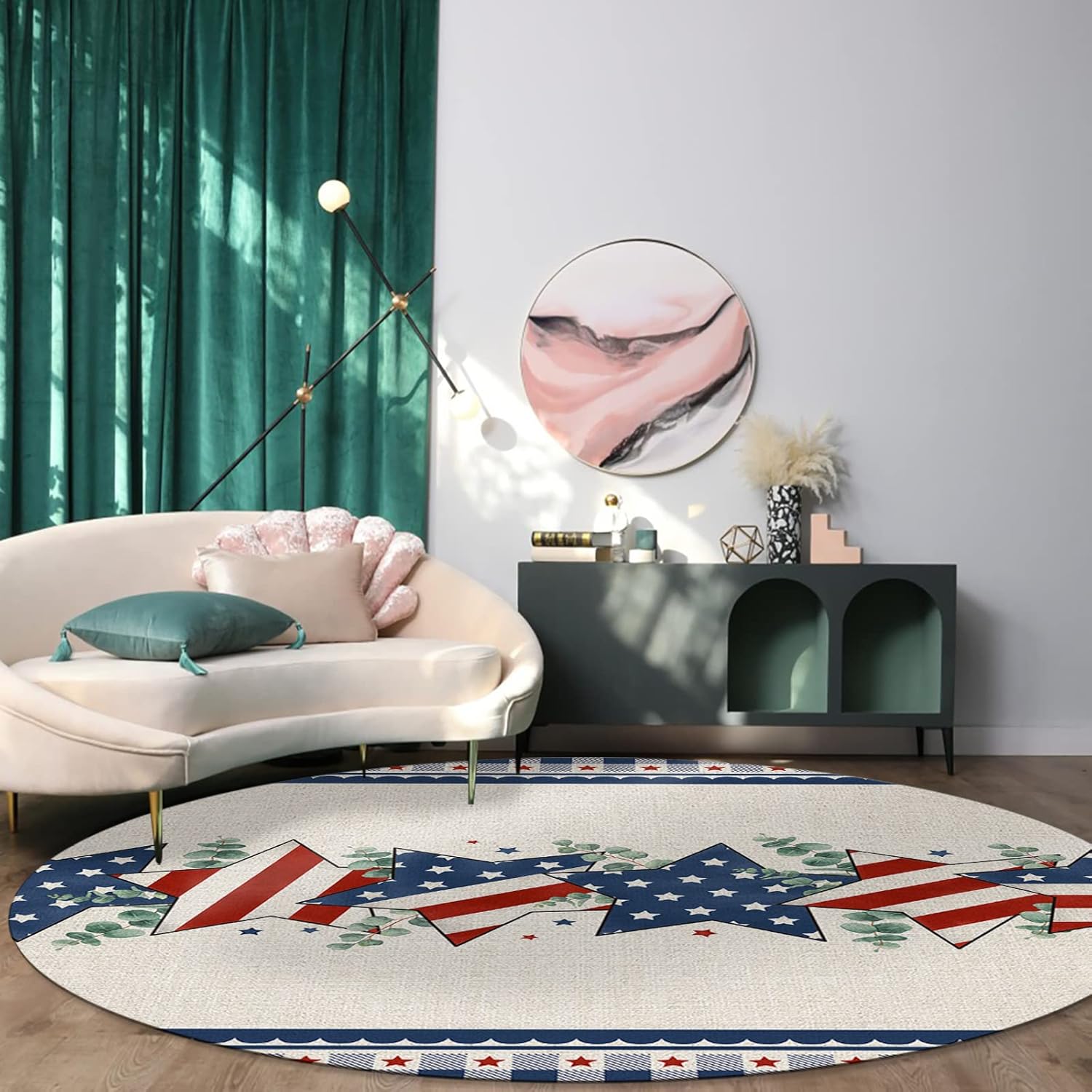 4th of July Round Area Rug 3ft American Flag Stars Felt Floor Carpets Washable Indoor Floor Area Mat Stain-Proof Independence Day Mat Rugs for Living Room Dining Kitchen Bedroom, Eucalyptus Blue Plaid