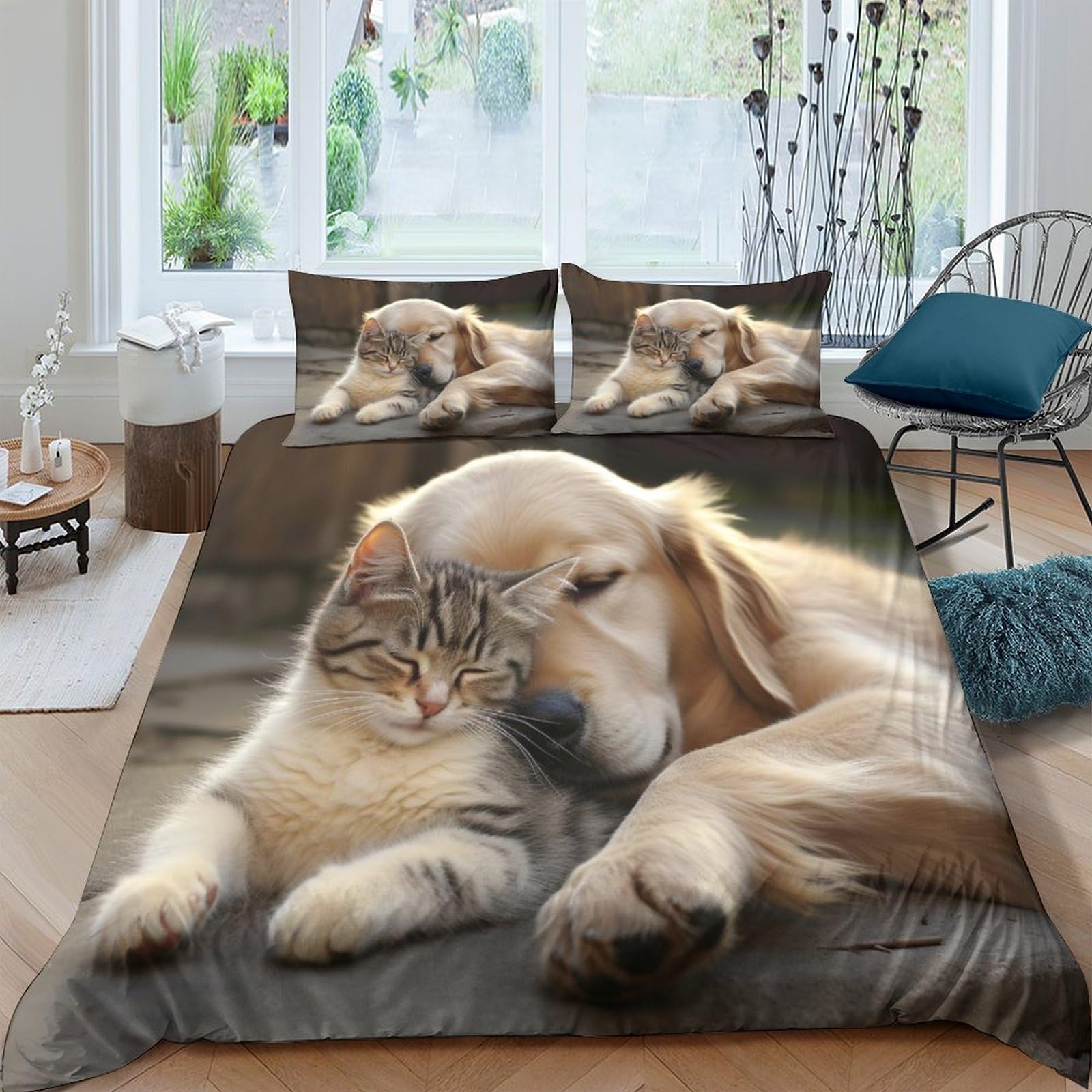 Housse de couette lit 2 personnes 220x240 cm imprimé chien lavable facilement pour lit enfant