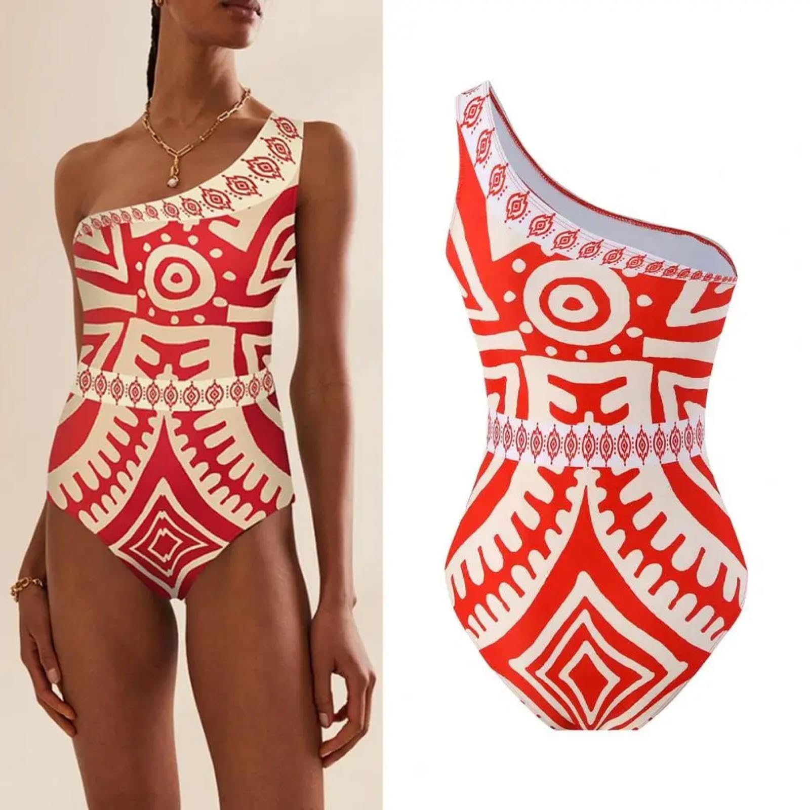 Bikini Costume da Bagno Monospalla da Donna con Stampa Geometrica Costume da Bagno con Stampa Pantaloni con Top Monospalla E Gamba Larga per Donna