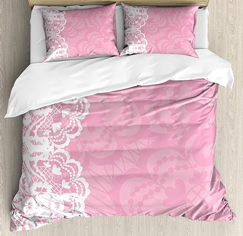 Ambesonne Juego de funda de edredón rosa y blanco, adorno gráfico de estilo floral vertical, diseño femenino abstracto, juego de ropa de cama