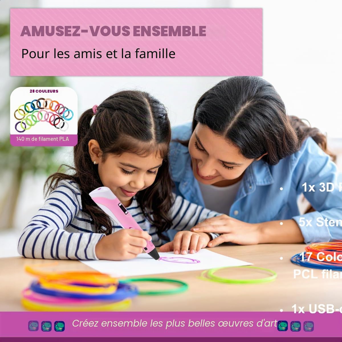 Kit de démarrage pour imprimante 3D - Cadeau pour enfants XXL - Avec filament PLA de 140 m et accessoires (rose)