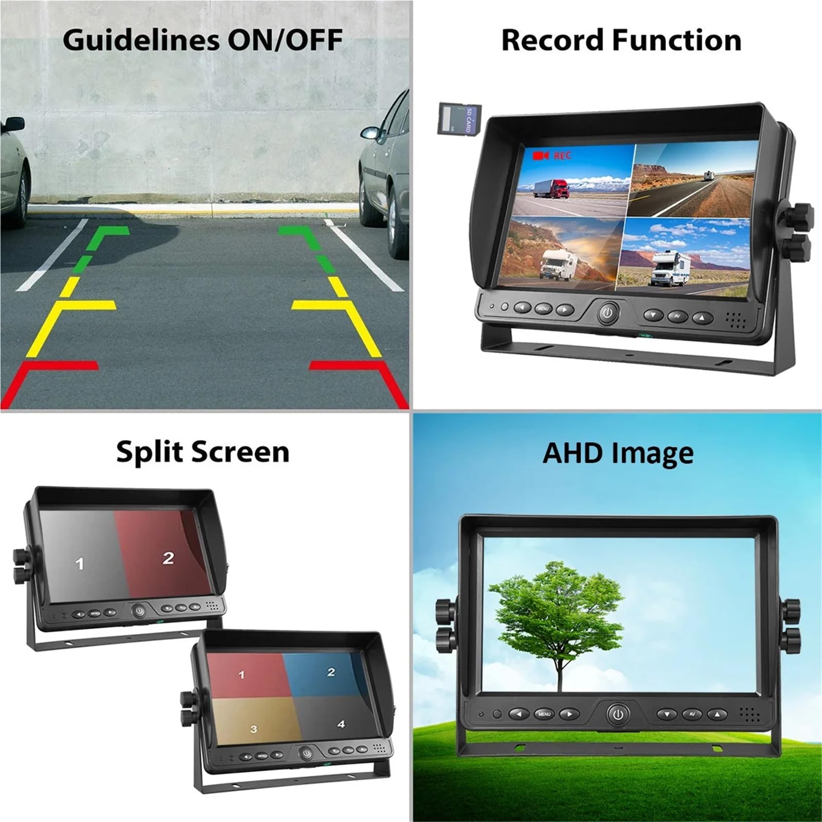 1080P 9" Quad Split Screen Monitor Built-in Recorder for Truck Trailer Bus 4CH Camera ​Input 360 Surround View Syste(Dual View Monitor)