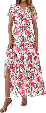 Amazon.com: Floral Dress for Women Summer Short Sleeve V Neck Long