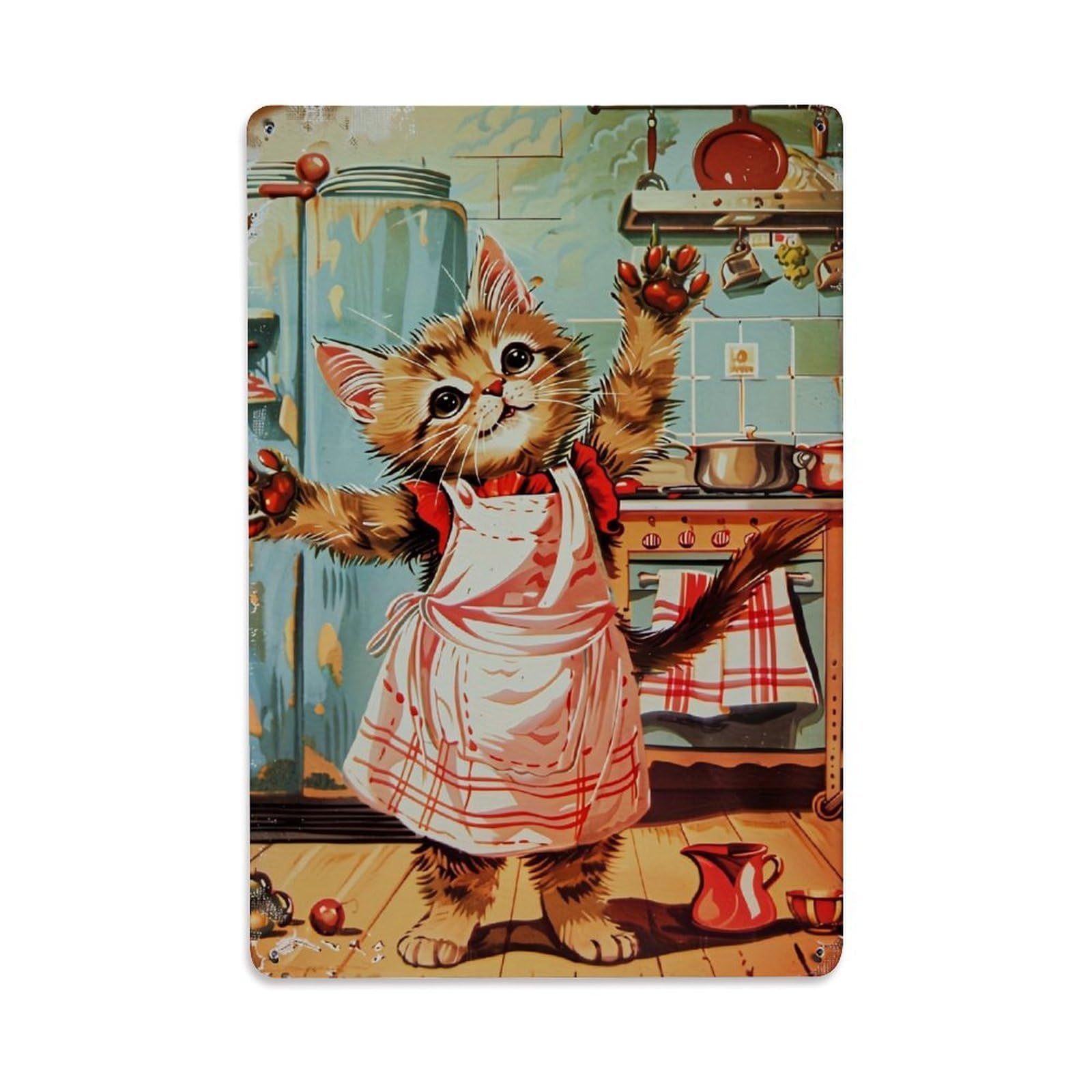 Jdfenggu Vintage Cute Cat Cooking Kitchen Scene Retro Metal Tin Sign, Decor Art Poster For Bar, Home, Man Cave, Kitchen, Laundry Room Gift 8X12inch