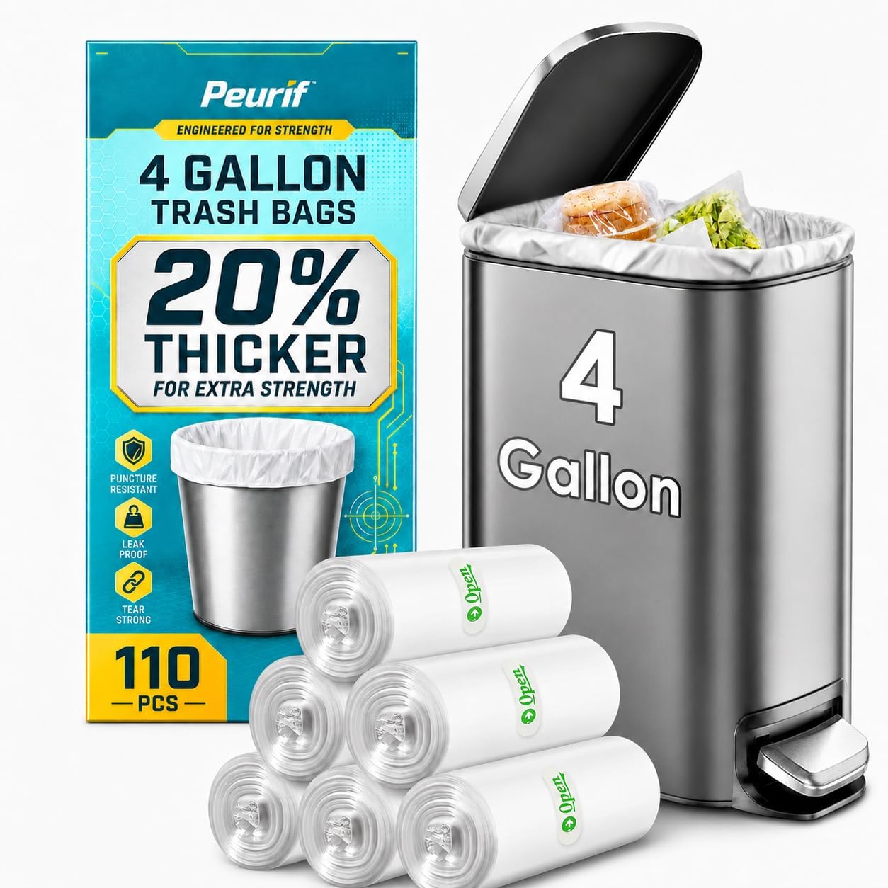 4 Gallon Clear Trash Bags 110 Count 20% Thicker Design for Strength