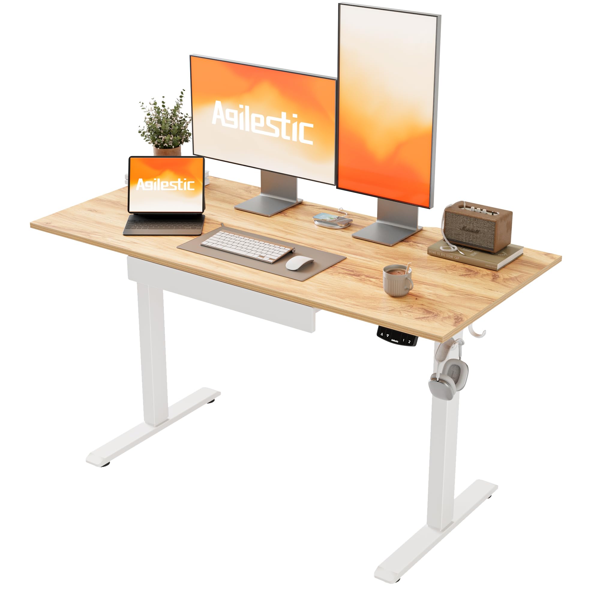 Agilestic Escritorio de pie eléctrico, Escritorio elevable Regulable en Altura 120 x 60 cm con cajón, Escritorio ergonómico de Madera con función de Memoria, para el despacho en casa, Marrón Claro