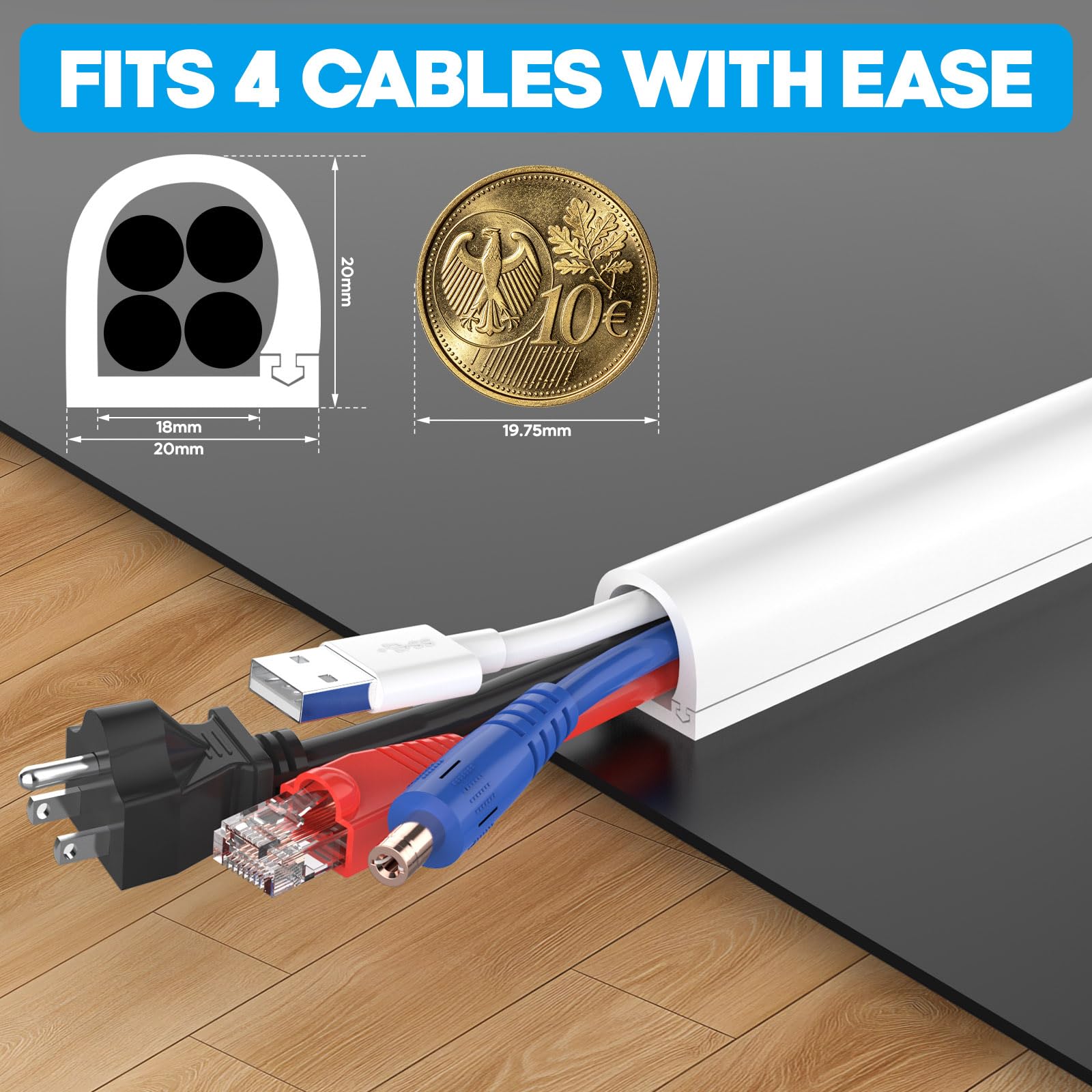 REFLYING Goulotte Passe Cable, Cache Cable Mural Blanc autocollante, Passe Cable Mural en Silicone sur Le Mur, Goulotte Electrique protéger Un câble au Sol, 20×20mm – 5 Mètres