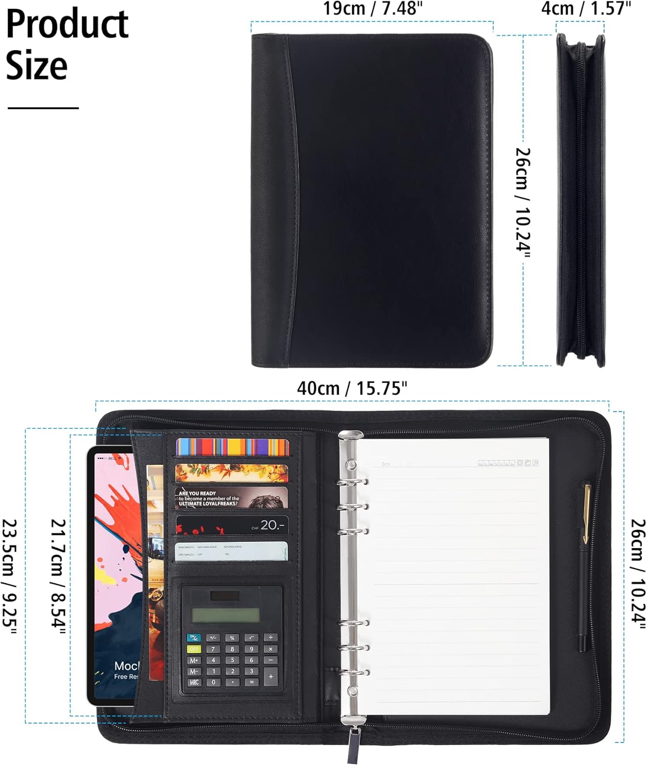 Zippered Leather Business Portfolio, Black Professional Executive PU Leather Business Portfolio Notebook for Men or Women with Calculator, Pockets for Cards and Tablet and Pen Holder : Office Products