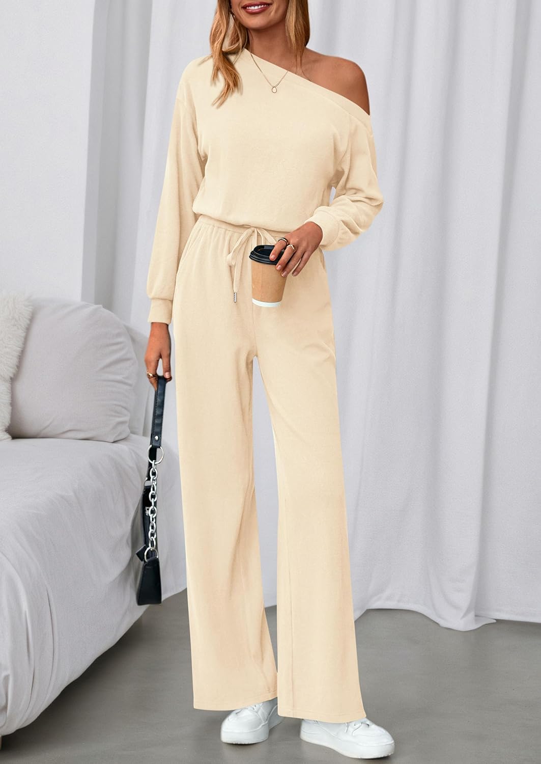 PRETTYGARDEN Long Sleeve Jumpsuit For Women Dressy 2026 Off Shoulder One Piece Loose Wide Leg Jumpsuits Casual Flowy Romper - Image 3