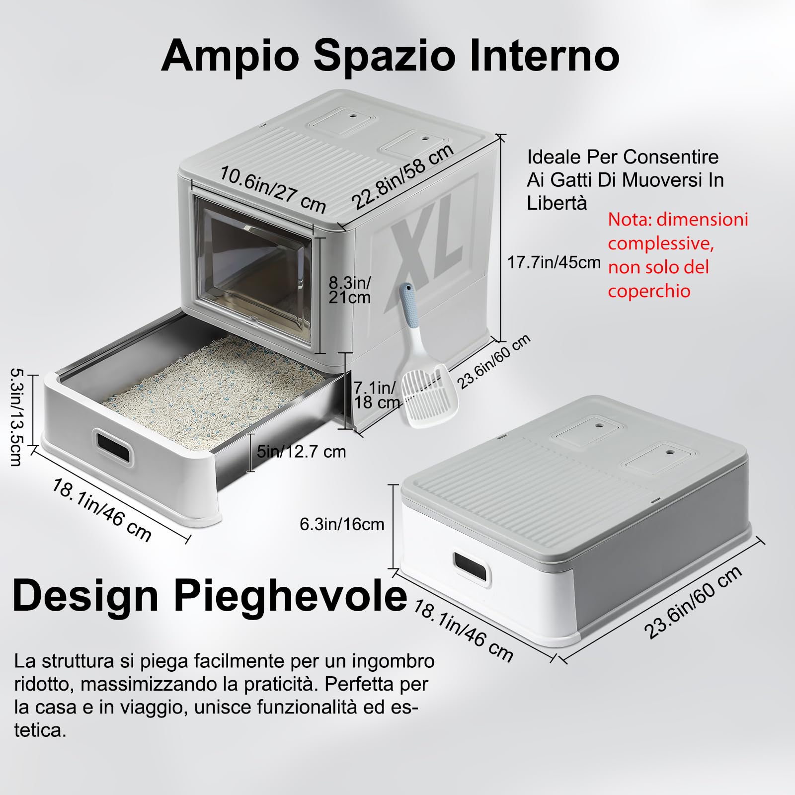 Marchul XL Lettiera per gatti grande, in acciaio inox, con coperchio e cassetto, pareti laterali alte con deflettori antispruzzo, vassoio più profondo con paletta e tappetino, inodore