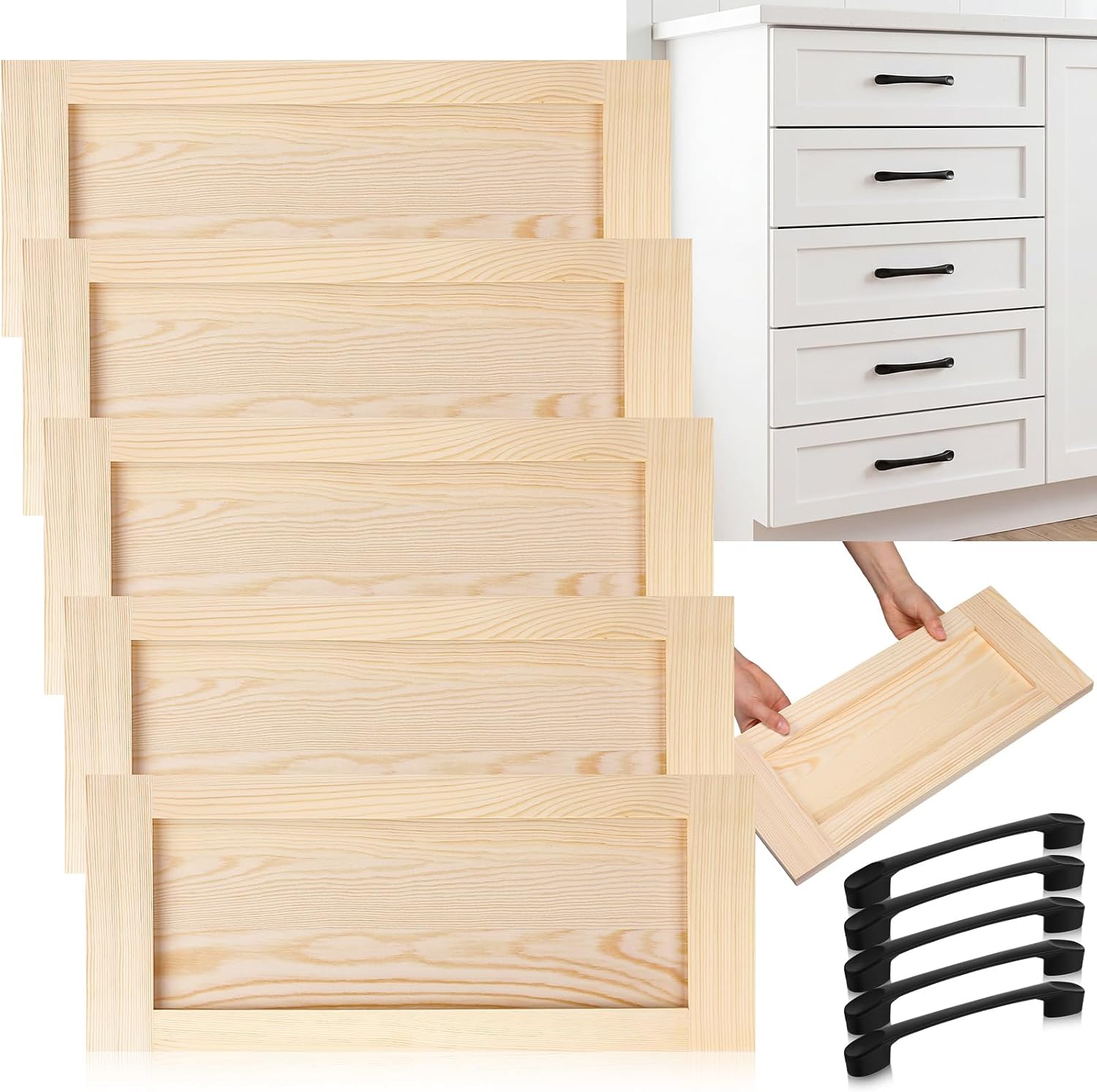Sintuff 5 Pcs Unfinished Wood Cabinet Drawer Front Replacement, Solid Wood Drawer Front for Kitchen Cabinets, Bathroom Vanities, Closets, Ready to Paint or Stain (24 x 10 Inches)