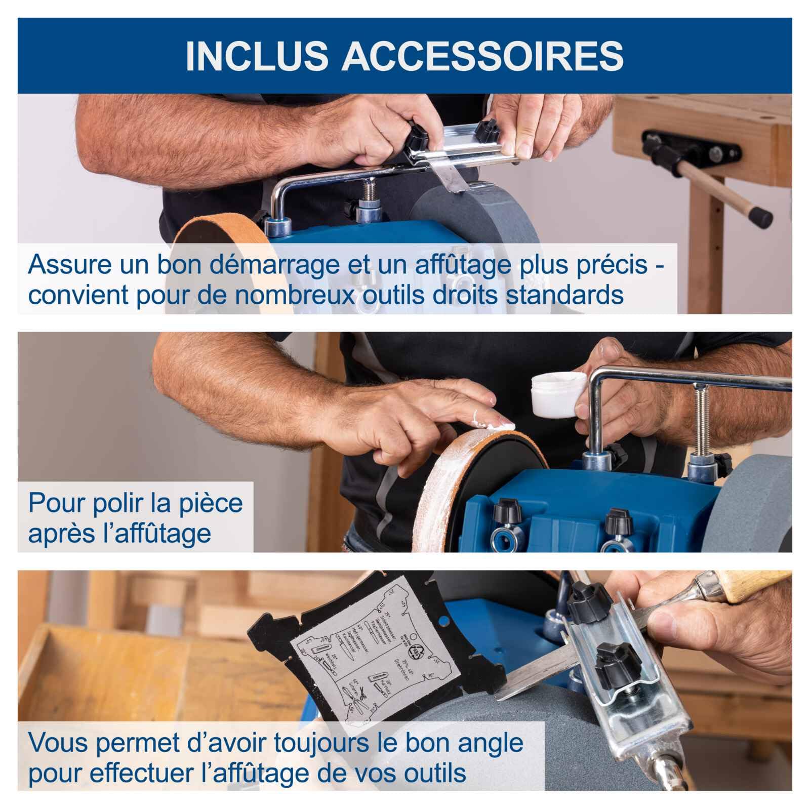 Scheppach Affûteuse à eau TIGER 5000S | Moteur à induction 150W, Meule en corindon supérieur de Ø 200mm, Dispositif universel | Pâte à poncer | Disque à poncer en cuir | Jauge d'angle