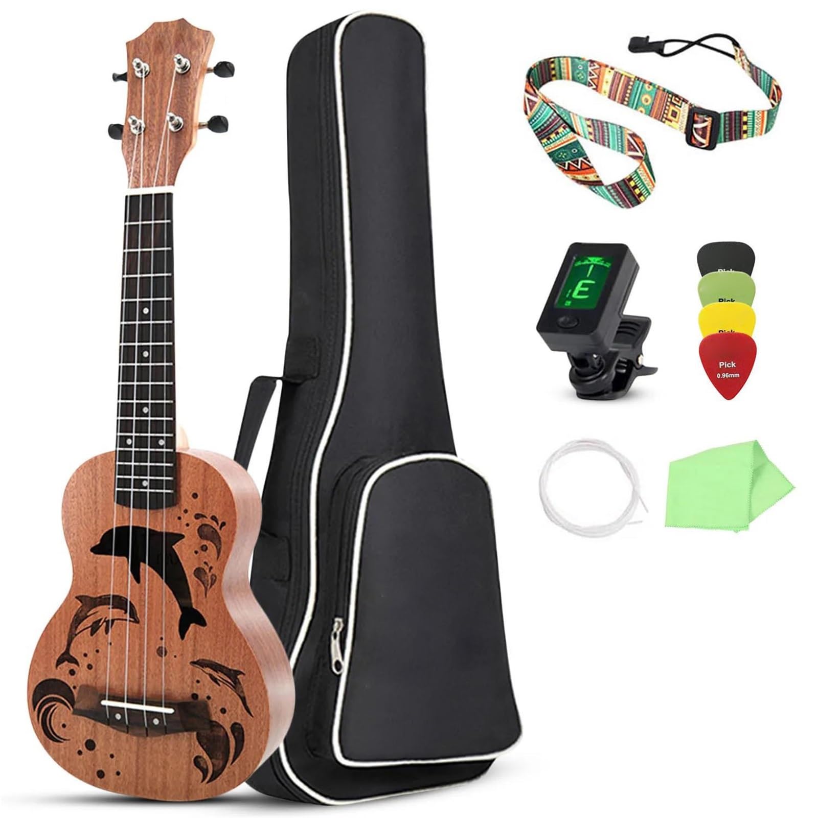 Typ Wydajności Ukulele Zestaw Ukulele Sopranowego Sapele Dla Początkujących 21 Cali Mały Z Paskiem Na Futerał Kostkami Do Strojenia Strunami Nylonowymi(Type2)