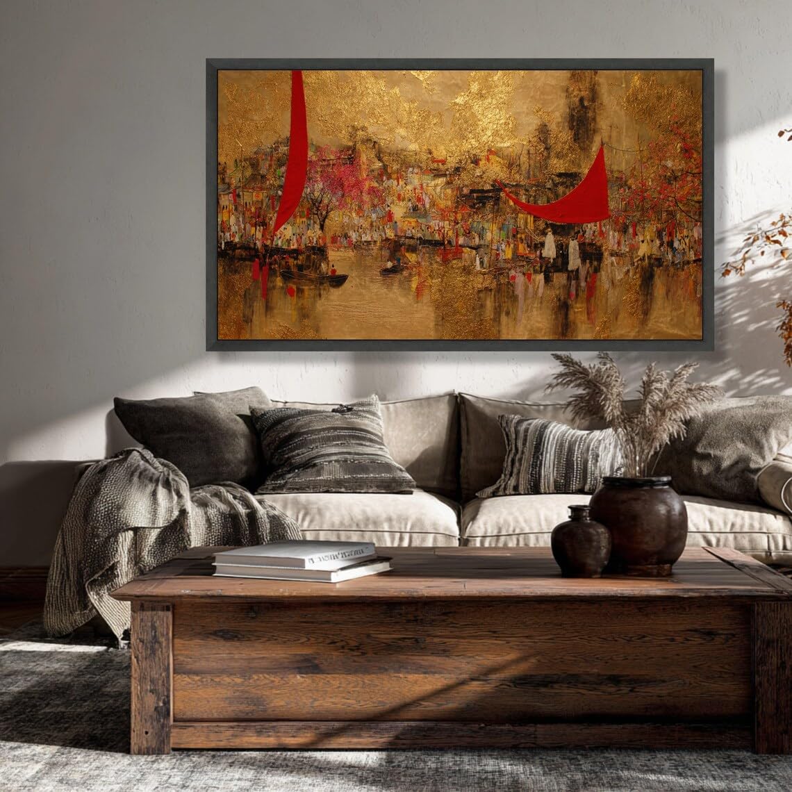 XINBAO Golden Cityscape Canvas Wall Art, Red Sailboats on River, Abstract Urban Scene, Home Decor,Ready to Hang Painting Canvas(40x70cm/Inner Frame)