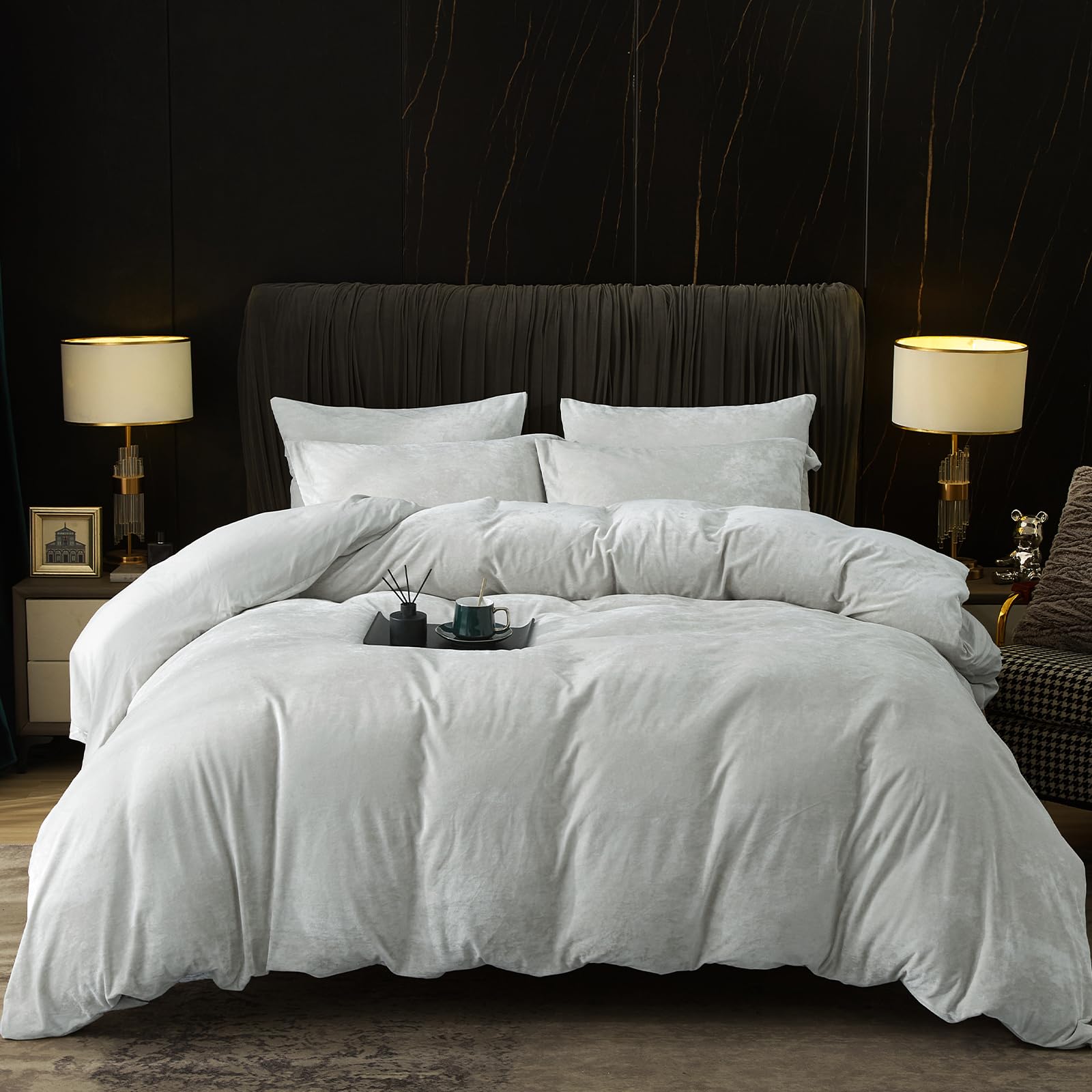 phf truly velvet duvet cover set california king size, 3pcs ultra soft breathable comforter cover set, luxury cozy flannel duvet cover with pillow shams bedding collection, 104" x 98", sliver grey