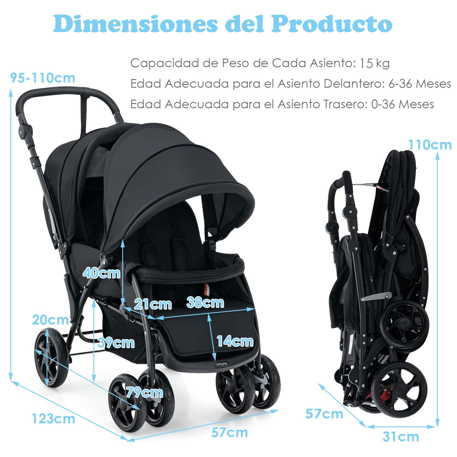 COSTWAY Passeggino Doppio Pieghevole per Bambini, Passeggino Gemellare Pieghevole, con Seduta in Tandem e Tettuccio, Schienale Regolabile, Ruote Bloccabili e Antiurto, Portata Totale 30 kg (Nero)