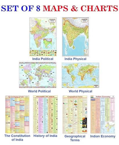 World &amp; India Map (Both Political &amp; Physical) with Constitution of India, Indian History, Indian Economy &amp; Geographical Terms Chart | Set Of 8