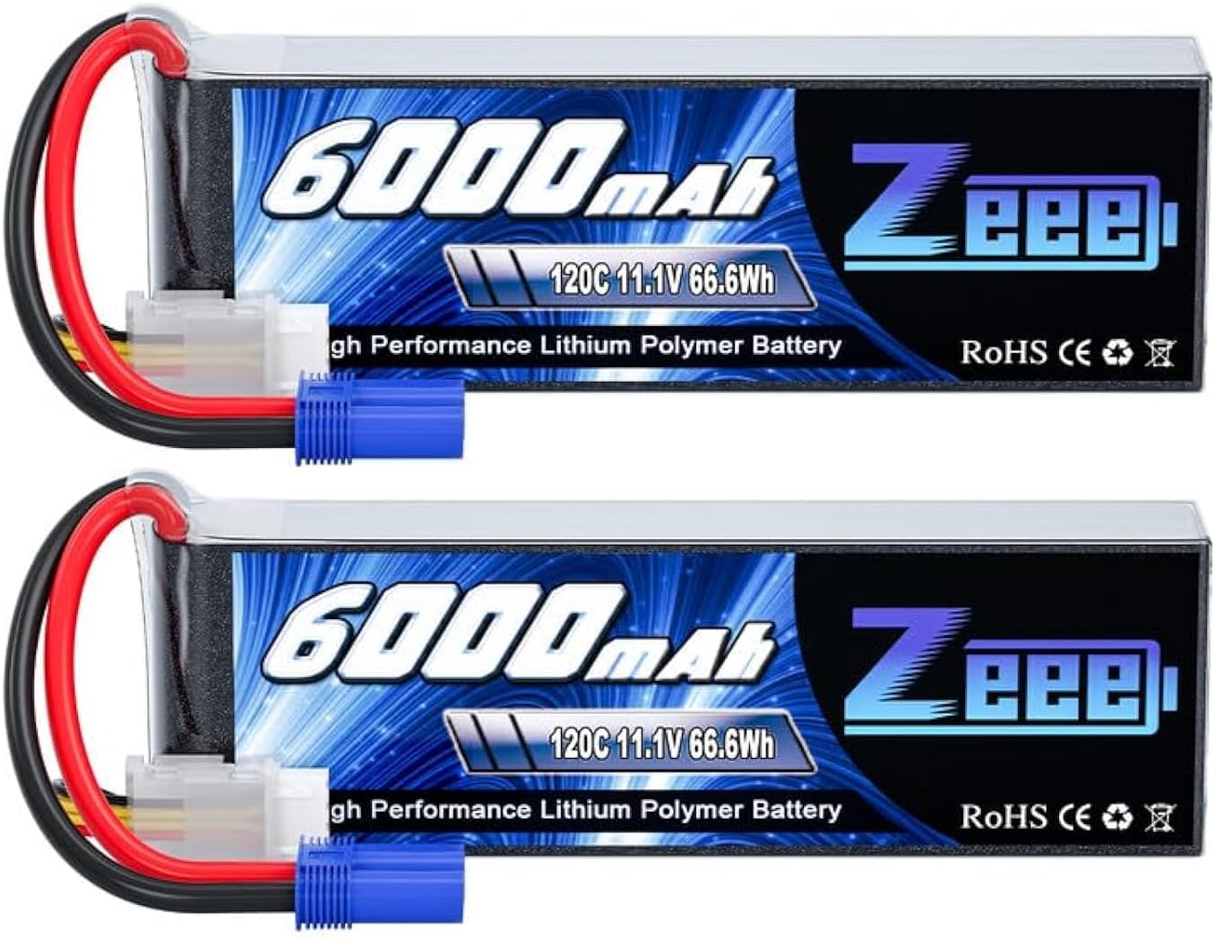Zeee 3S Lipo Battery 6000mAh 11.1V 120C Soft Case RC Battery with EC5 Connector for Helicopter Airplane Quadcopter RC Airplane RC Car Truck Boat(2 Pack)