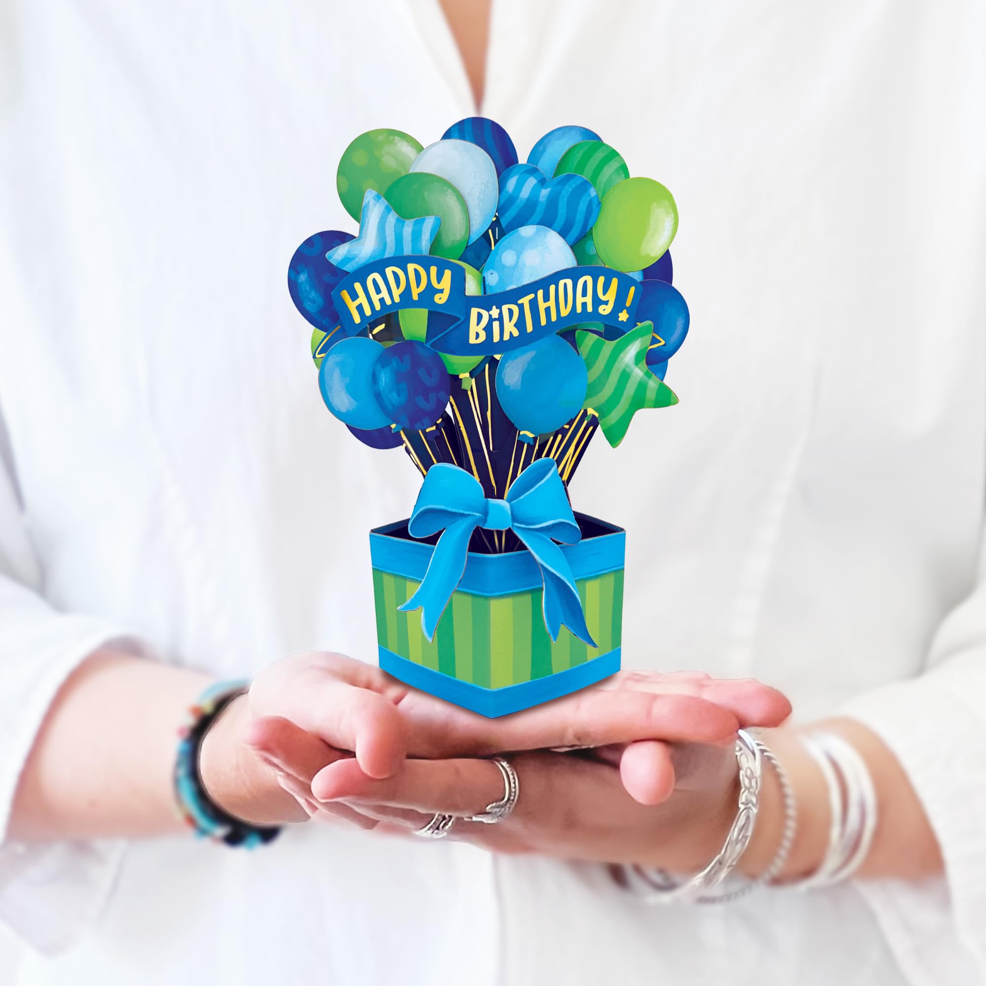 Freshcut Paper Pop Up Cards, Mini Blue Birthday Balloons, 6 Inch Mini 3D Popup Greeting Card, Birthday Cards, Happy Birthday Card, Blank Notecard &