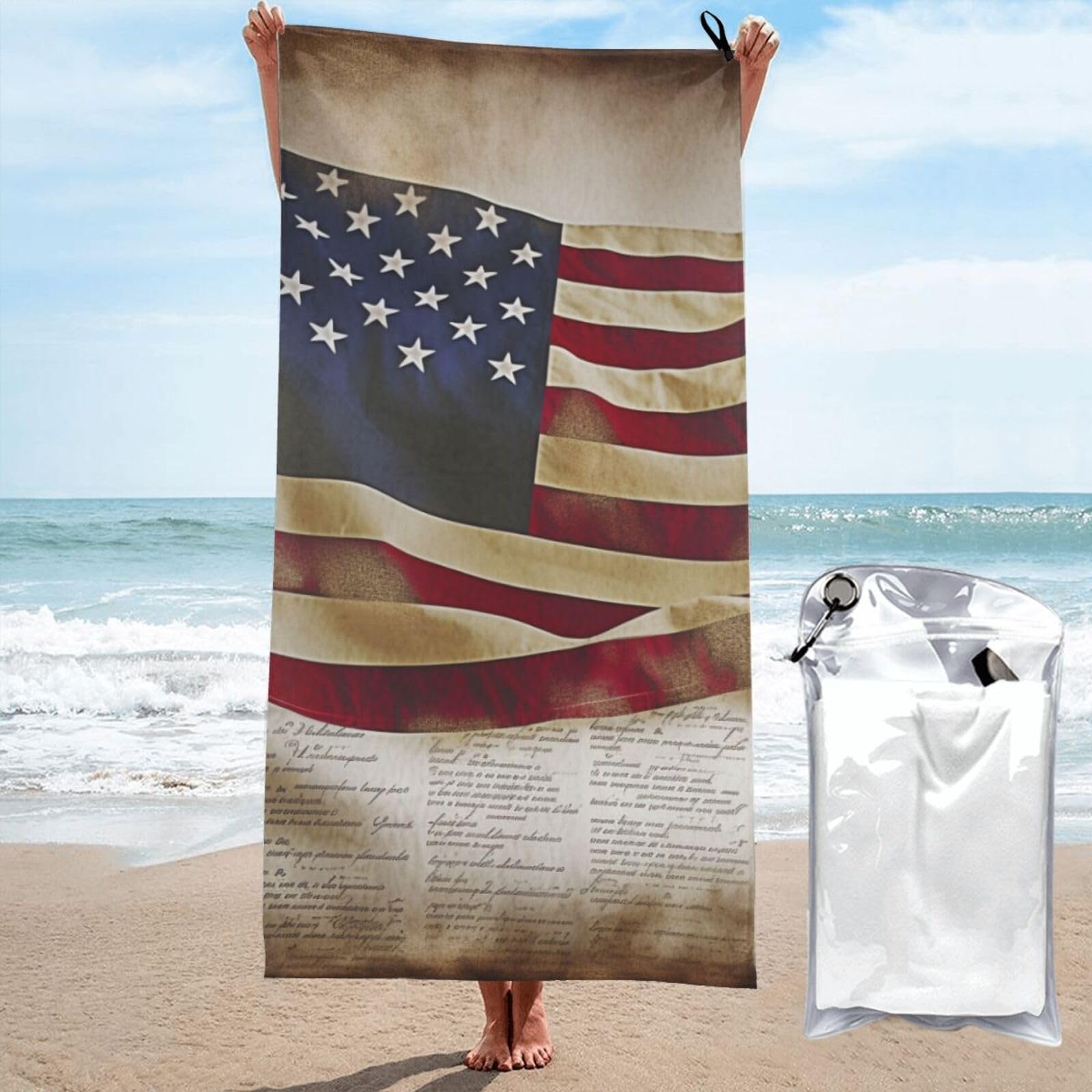 BWWHCCTI American flag Printed Microfiber Quick Dry Beach Towel 70x140 CM, Fast Drying Bath Towels with Bags for Travel,Camping,Gym,Beach,Swimming,Yoga