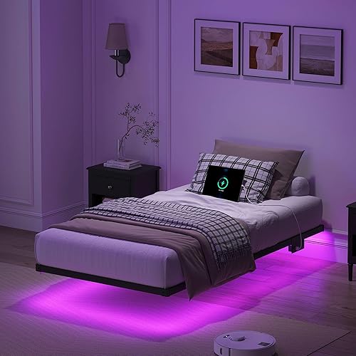 Miniatura 12 de Base de cama flotante tamaño Queen, marco de cama resistente con luces LED inteligentes y estación de carga, cama moderna de plataforma de metal,