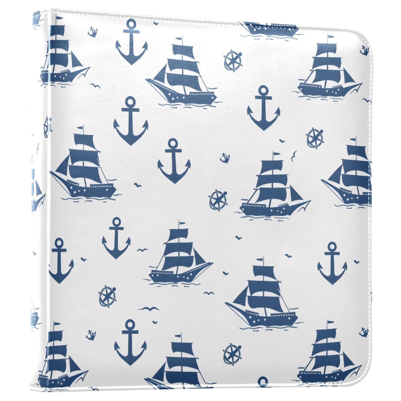JIPONI Small Blue Ships and Anchors Large Photo Album, DIY Leather Cover Scrapbook Albums for 4x6 5x7 6x8 Pictures, Self Adhesive Memory Book for Wedding, Baby, Family
