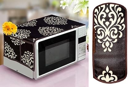 KANUSHI Industries Microwave/Oven Top Cover with 4 Utility Pockets + 1 Pc Handle Cover (Micro-Brown-Floral+1-Handle)