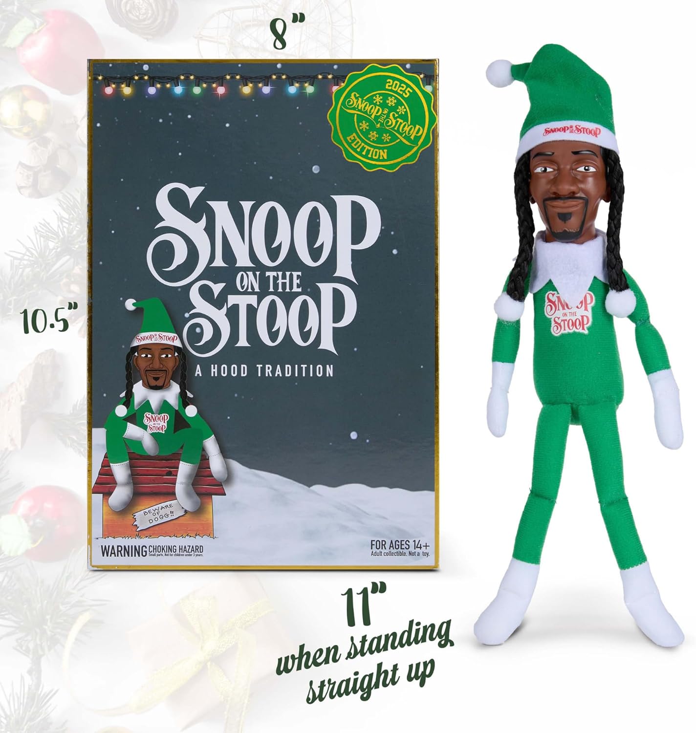 Snoop Dogg Snoop on The Stoop Christmas Elf, Shelf Decor, 12” Small Plush Collectible Figurine, Big Box
