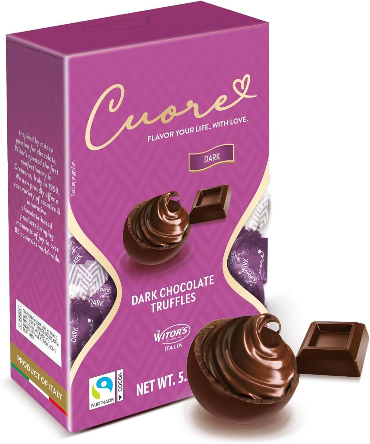 Witor's Chocolates, Cuore Chocolate Truffles with Creamy Filling, Italian Truffles, Made in Italy, Perfect for Gifting (5.11 Ounce, Dark Chocolate)