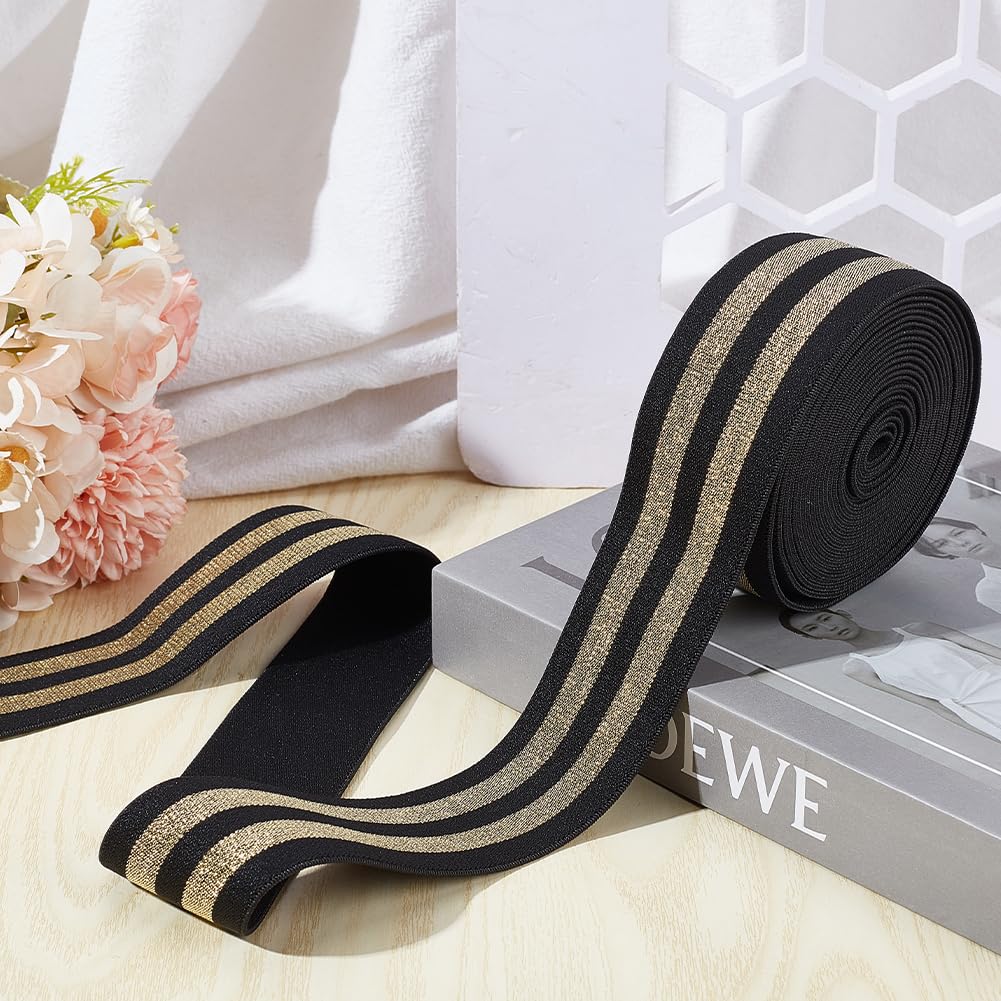 GORGECRAFT 4.7m*40mm Fascia Elastica A Strisce Dorate Metallizzate Nastro Elasticizzato Nero Comoda Fascia A Strisce Glitterate per Cintura Progetti di Cucito Lavori Artigianali per Indumenti