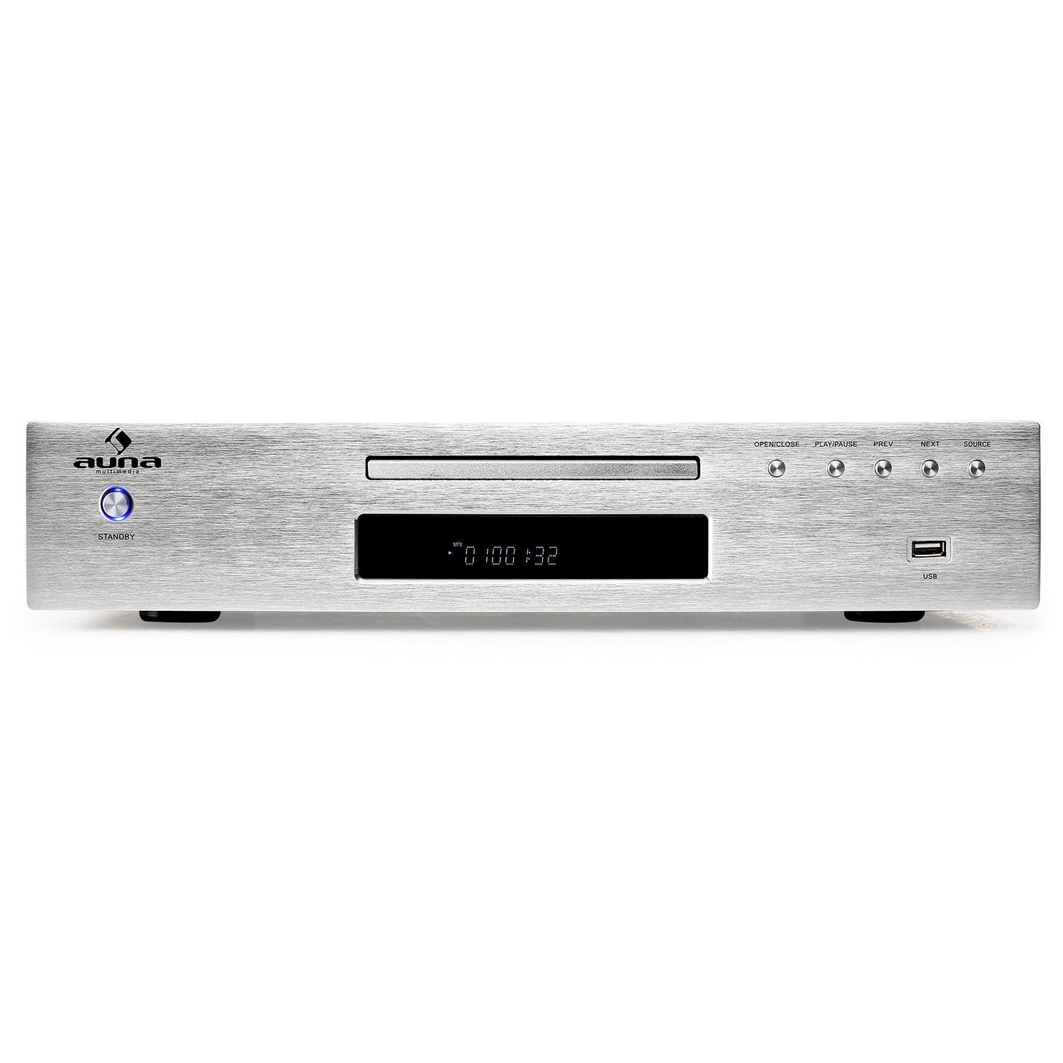 AUNA "Elegance Tower 2.0 - Set HiFi Stereo avec Platine Lecteur CD de Salon et ampli HiFi 2 canaux (Lecteur CD Compatible MP3, Port USB, Sorties analogiques et numériques) - Argent