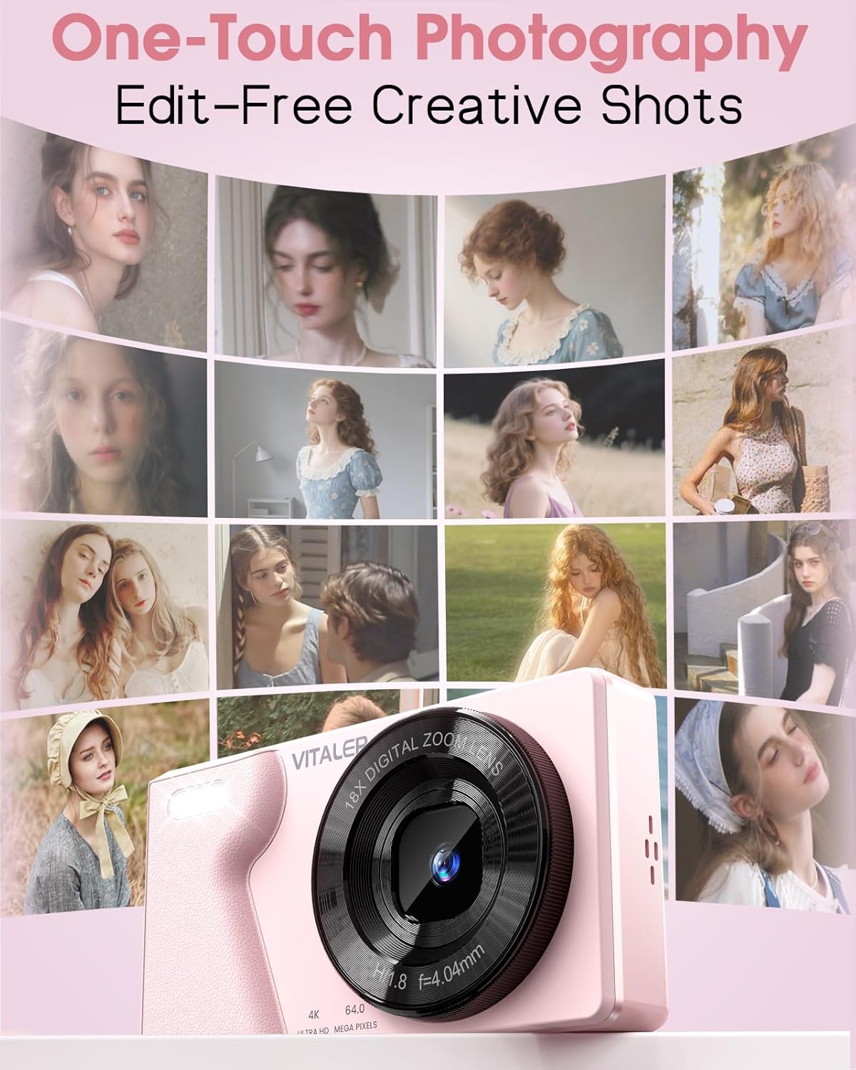 Digital Camera with Front Rear Lens, Autofocus 64MP 4K Camera for Photography with 32GB Card, Portable Compact Point and Shoot Camera for Teens Adult Beginner with Metal Shell, 2000mAh Battery