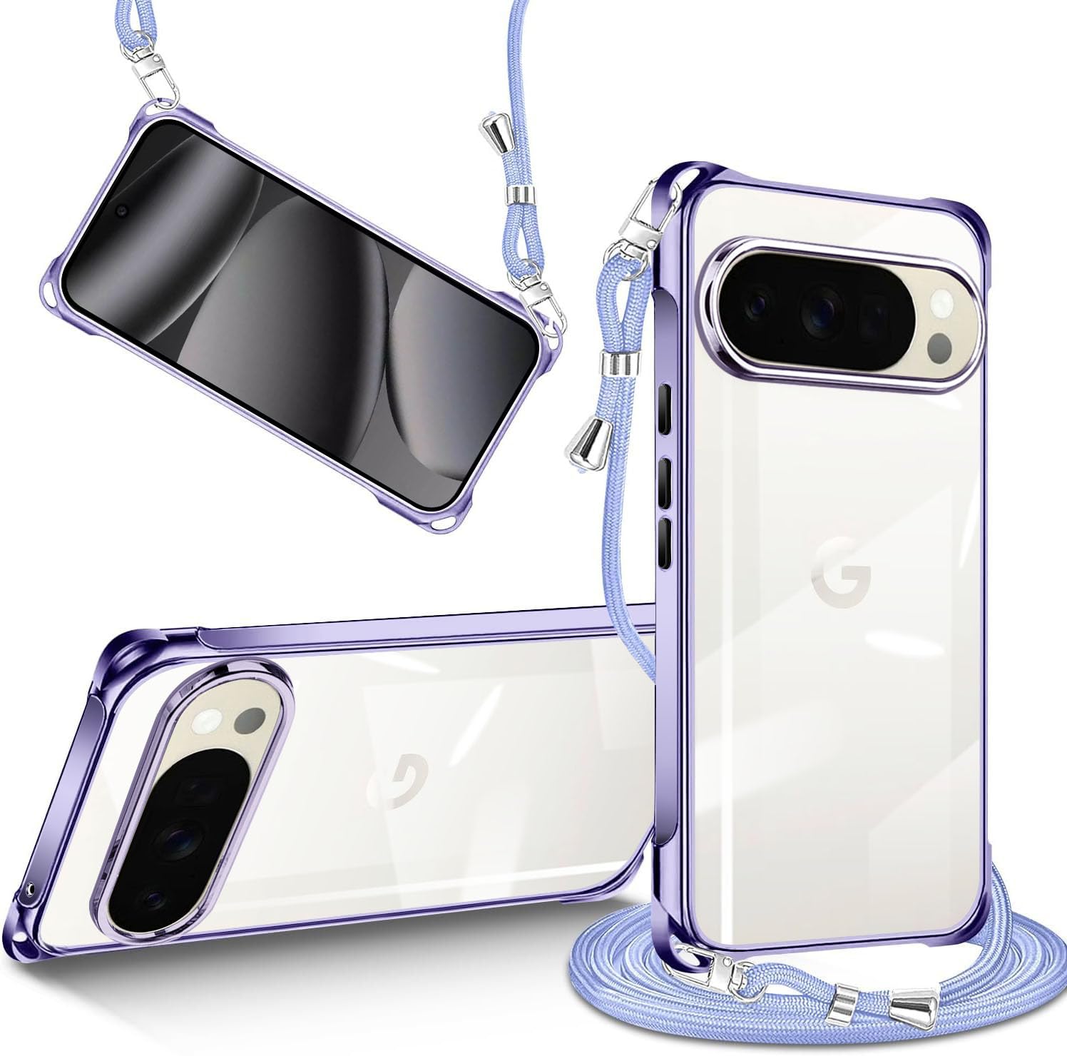 tuulaasii For Google Pixel 10 Pro XL 用 ケース クリア ショルダー スマホケース ピクセル 10 プロ XL カバー 肩掛け 縄掛け 透明 TPU 薄型 耐衝撃 携帯ケース 紐付き 斜めがけ ストラップ着脱可 縦/横 長さ調整可能 取り外し可能 落下防止 紛失防止 かわいい おしゃれ(パープル)