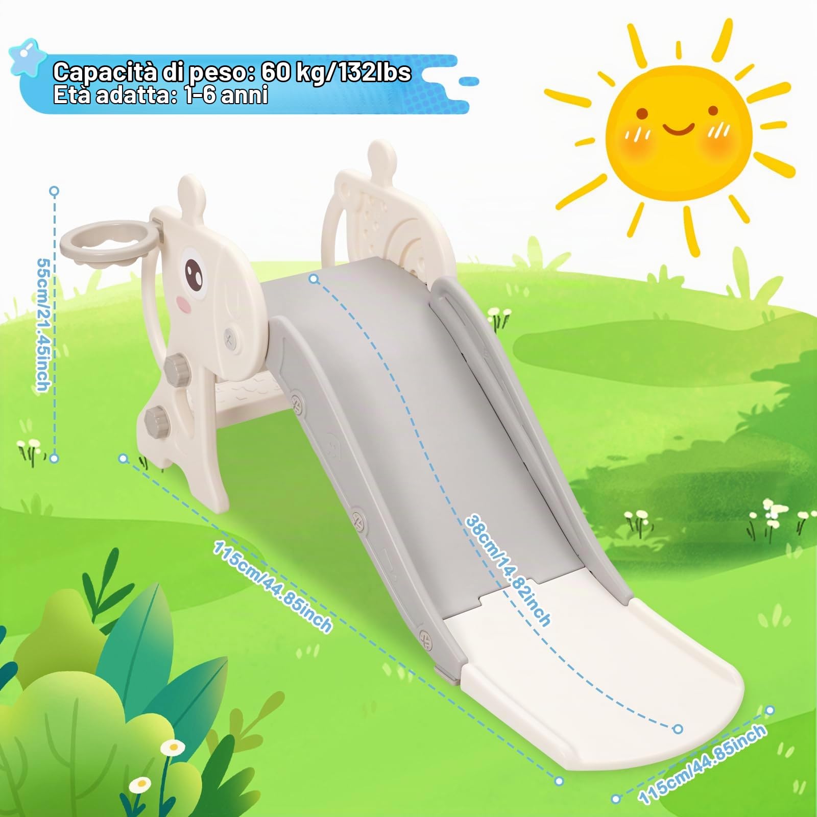 Scivolo per Bambini con Cestino da Basket, Scivolo Pieghevole per Esterno e Interno, Scivolo da Giardino per Bambino 1 2 3 Anni (Grigio+cervo)