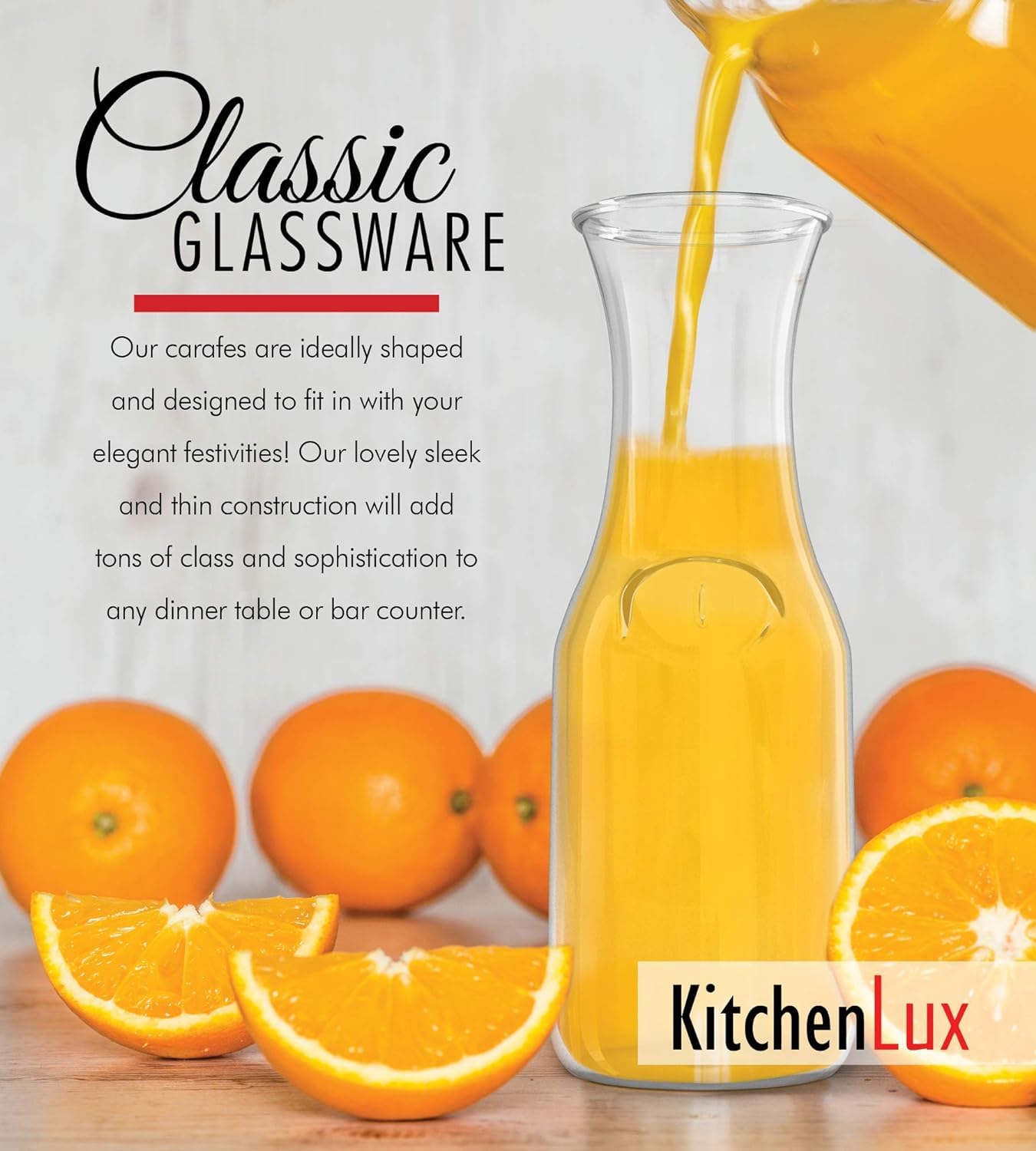 Kitchen Lux Glaskaraffe, 1 Liter Getränkekrug & elegante Weinkaraffe Dekanter, Karaffe Set mit 12 Stück, Mimosen-Bar-Karaffen & Saftgläser, Easy Pour Flaschen, Glas Wasserkaraffe, 963.9 g