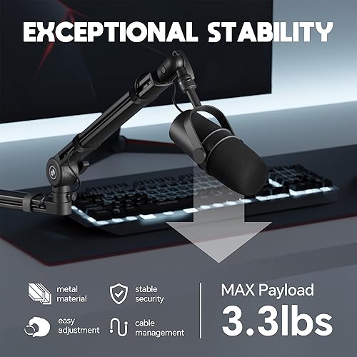 Miniatura 5 de CMTECK Brazo de brazo de micrófono, perfil bajo ajustable de 360, soporte de brazo de micrófono con abrazadera de montaje de escritorio, elevador