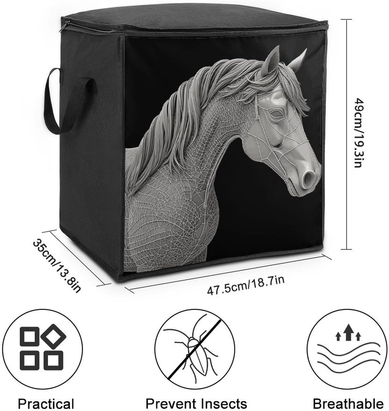 3D View Horse Storage Bag with Zippers And Handle Extra Large Bedding Comforter Storage Bag Foldable Blanket Storage Bags Fabric Moving Bags for Closet Organizer (70L)