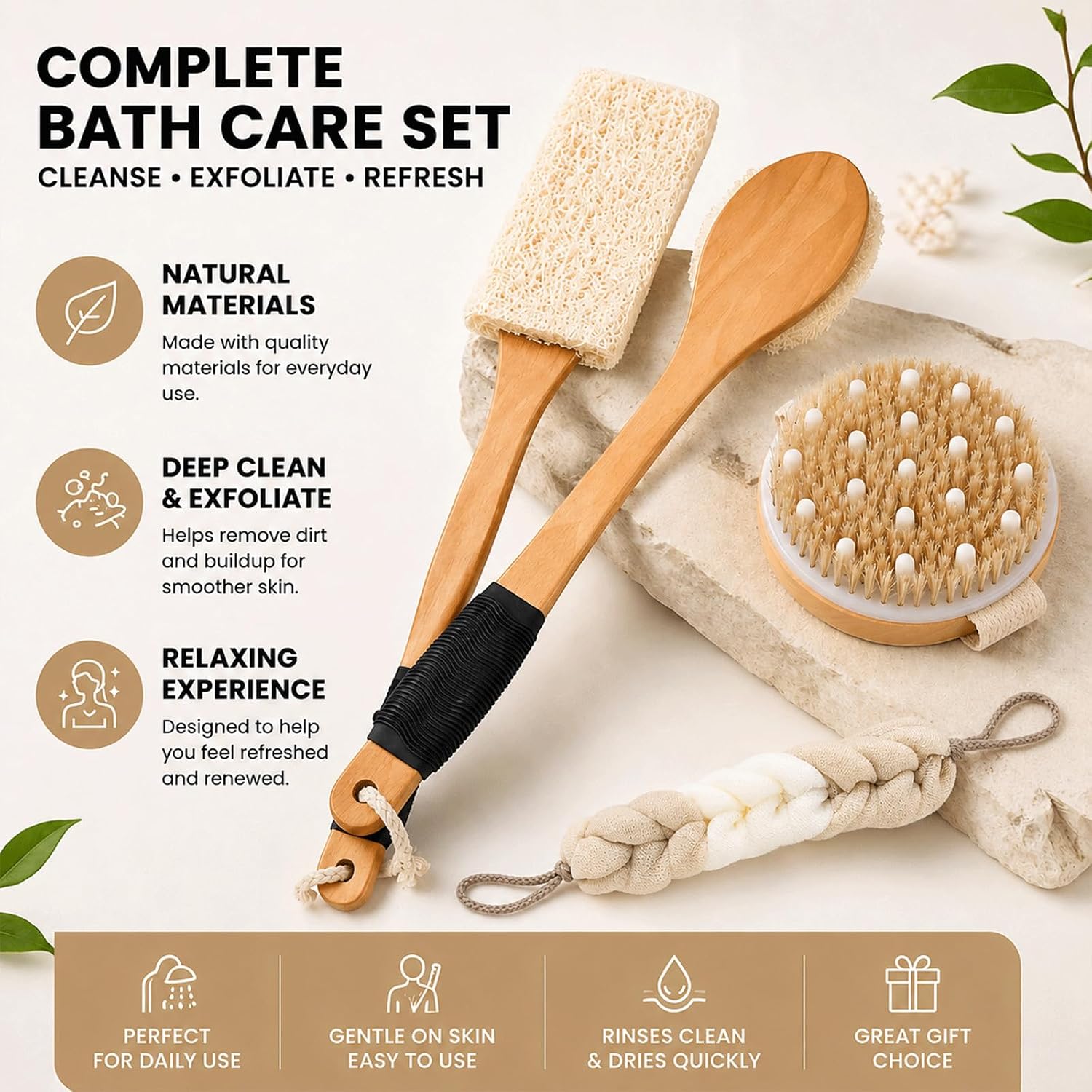 Shower Kit for Women - Loofah with Handle - Body Scrubber - Dry Brush