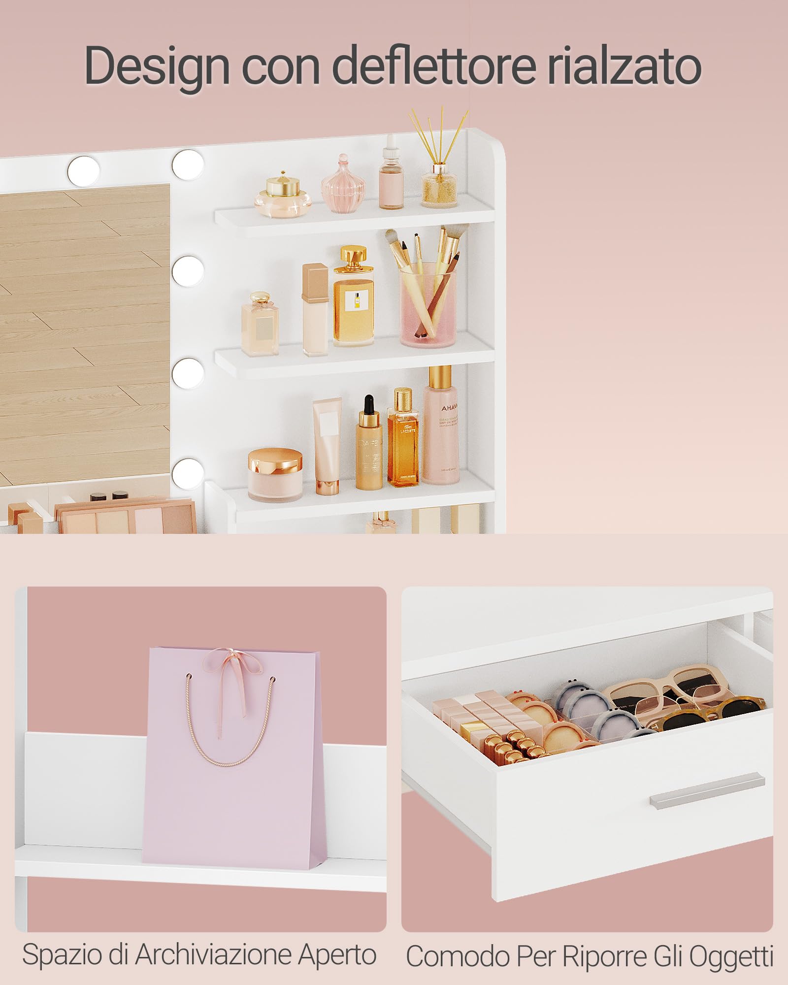 Hzuaneri 90 cm Toeletta da Trucco con Illuminazione a LED, Toeletta da Trucco con specchio, 3 livelli di luminosità, 2 cassetti, 4 ripiani aperti e 2 scomparti, moderna, Bianca DT42703XEU
