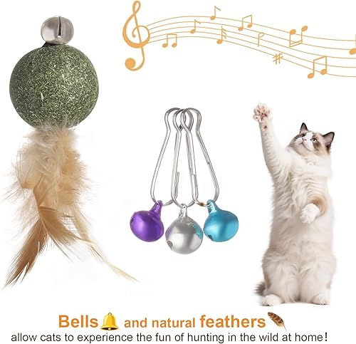 Miniatura 4 de Juguete de varita para gatos con bola de hierba gatera, plumas y campana, 2 cabezas de ratón reemplazables, cuerda elástica y mango de madera para